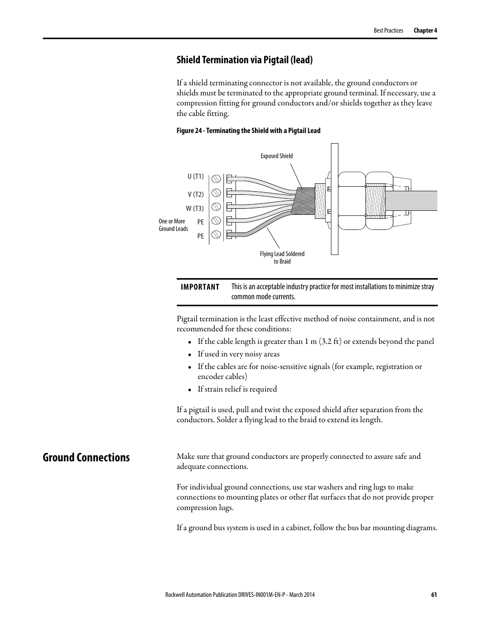 Shield termination via pigtail (lead), Ground connections | Rockwell Automation 1336T Wiring and Grounding Guide, (PWM) AC Drives User Manual | Page 61 / 144