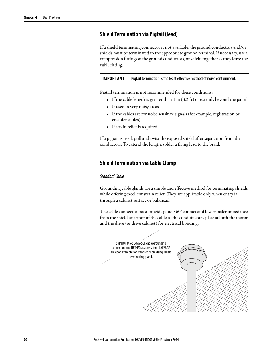 Shield termination via pigtail (lead), Shield termination via cable clamp | Rockwell Automation 1336T Wiring and Grounding Guide, (PWM) AC Drives User Manual | Page 70 / 144