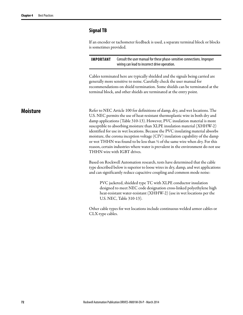 Signal tb, Moisture | Rockwell Automation 1336T Wiring and Grounding Guide, (PWM) AC Drives User Manual | Page 72 / 144
