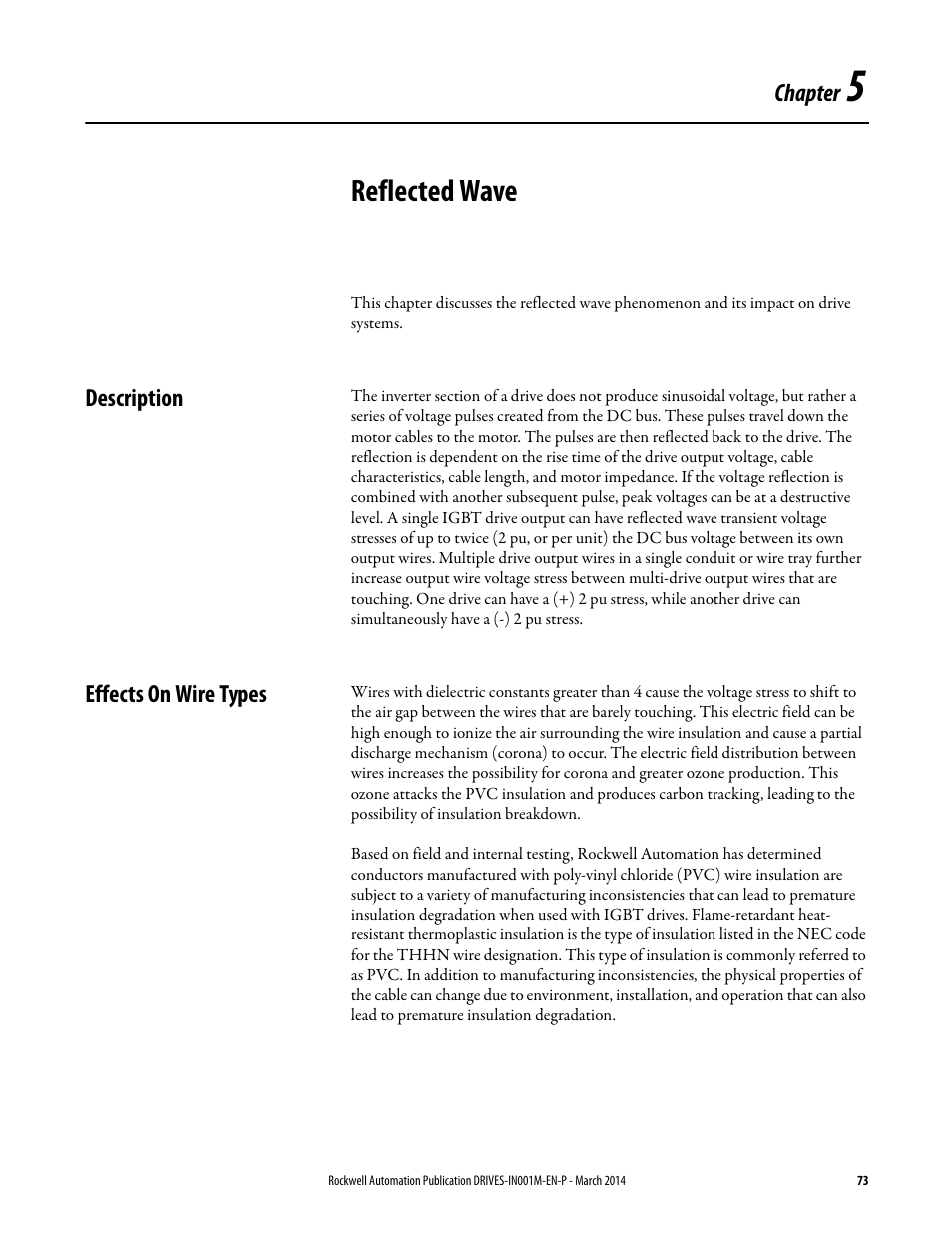 Reflected wave, Description, Effects on wire types | Chapter 5, Description effects on wire types | Rockwell Automation 1336T Wiring and Grounding Guide, (PWM) AC Drives User Manual | Page 73 / 144