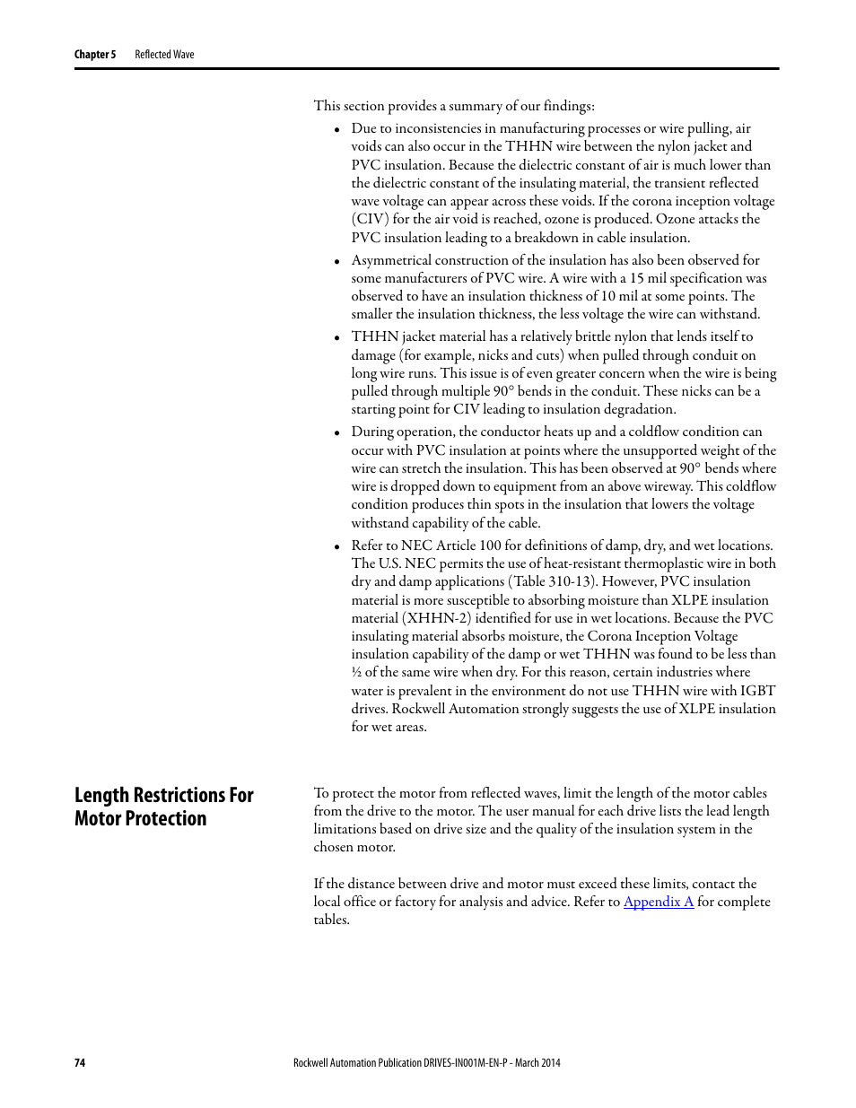 Length restrictions for motor protection | Rockwell Automation 1336T Wiring and Grounding Guide, (PWM) AC Drives User Manual | Page 74 / 144