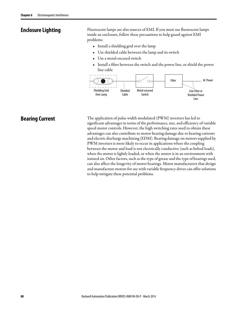 Enclosure lighting, Bearing current, Enclosure lighting bearing current | Rockwell Automation 1336T Wiring and Grounding Guide, (PWM) AC Drives User Manual | Page 80 / 144