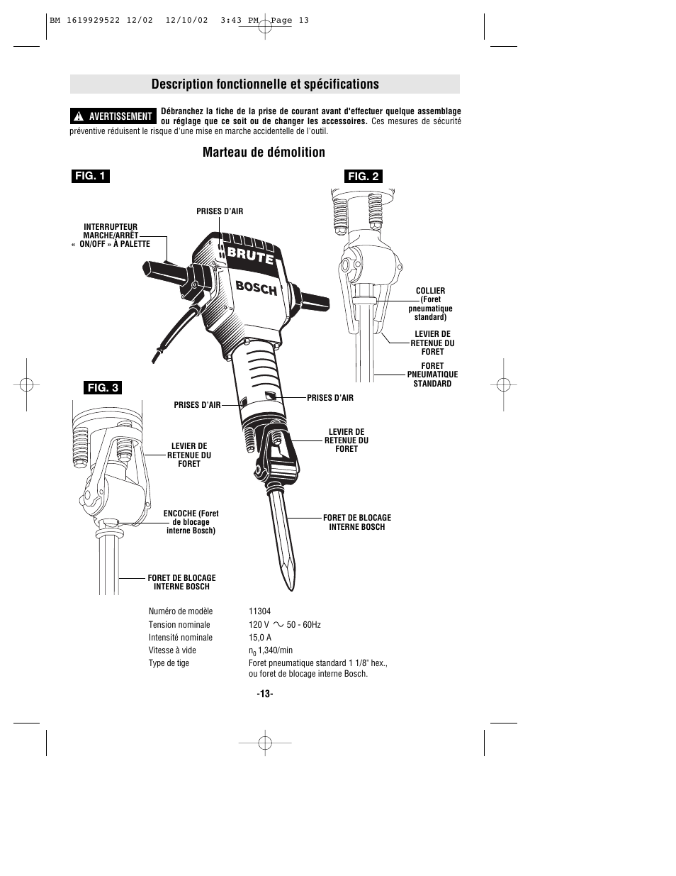 Description fonctionnelle et spécifications, Marteau de démolition | Bosch 11304 User Manual | Page 13 / 24