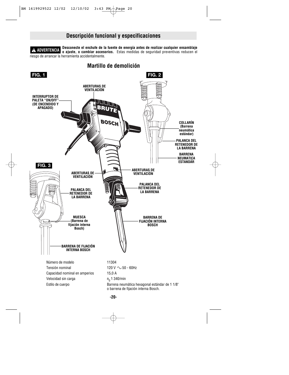 Descripción funcional y especificaciones, Martillo de demolición | Bosch 11304 User Manual | Page 20 / 24