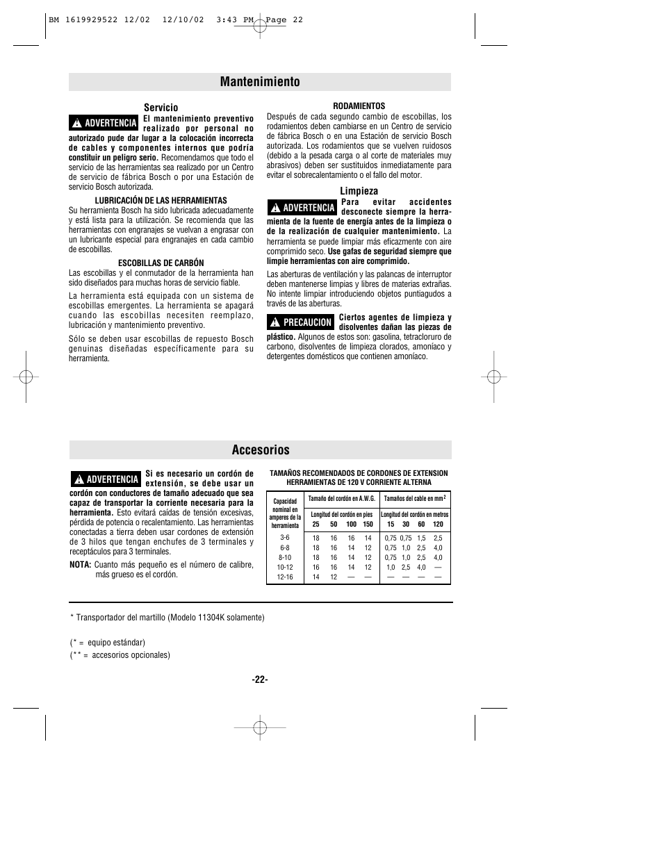 Mantenimiento, Accesorios | Bosch 11304 User Manual | Page 22 / 24