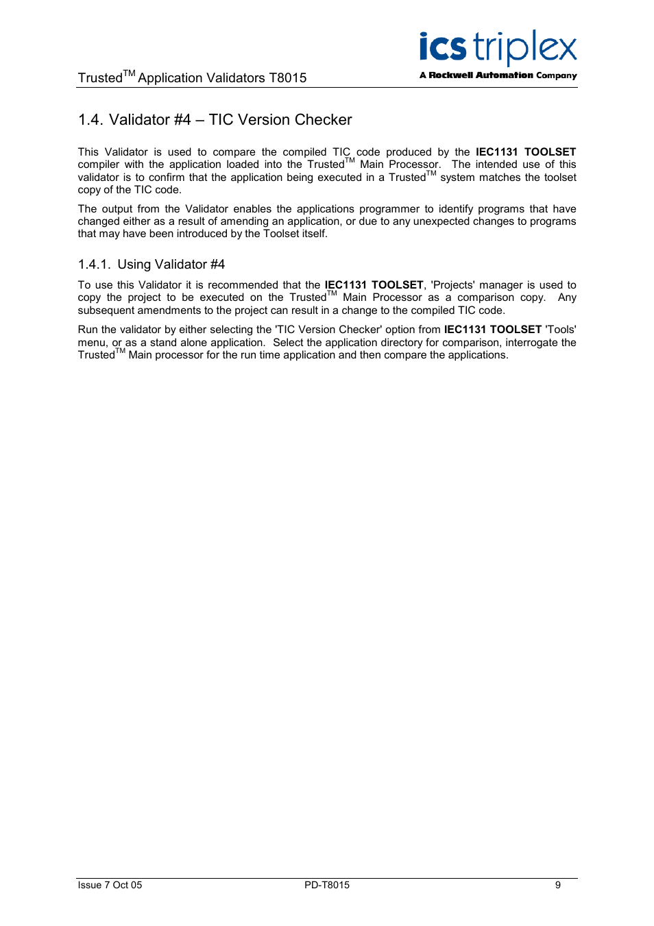 Validator #4 – tic version checker, Using validator #4, Trusted | Application validators t8015 | Rockwell Automation T8015 Trusted Toolset Application Validator Software Package User Manual | Page 9 / 14