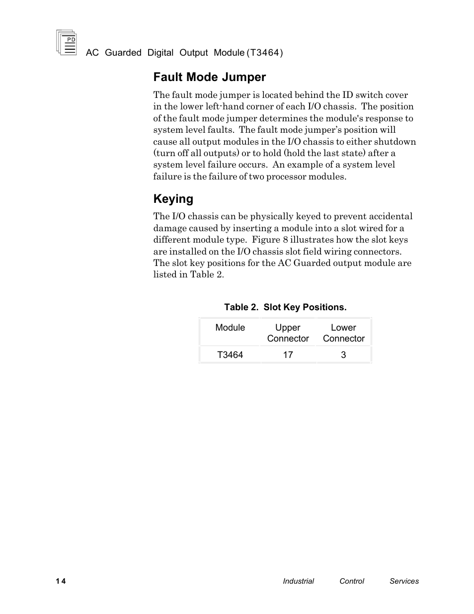 Fault mode jumper, Keying | Rockwell Automation T3464 ICS Regent AC Guarded Digital Output Module User Manual | Page 14 / 22