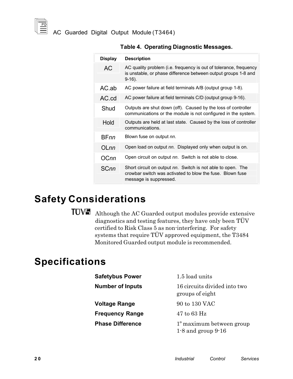 Safety considerations, Specifications | Rockwell Automation T3464 ICS Regent AC Guarded Digital Output Module User Manual | Page 20 / 22