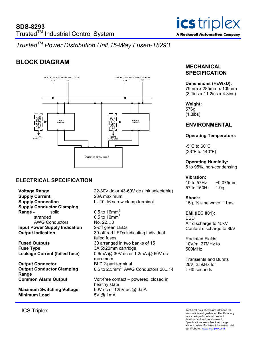 Block diagram, Electrical specification, Sds-8293 trusted | Industrial control system trusted | Rockwell Automation T8293 Trusted Power Distribution Unit 15-Way Fused User Manual | Page 2 / 2