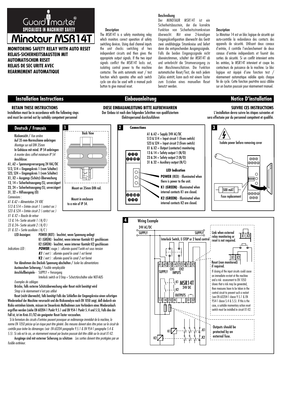 Rockwell Automation 440R MSR14T Minotaur Safety Relay w/Auto Reset User Manual | 4 pages