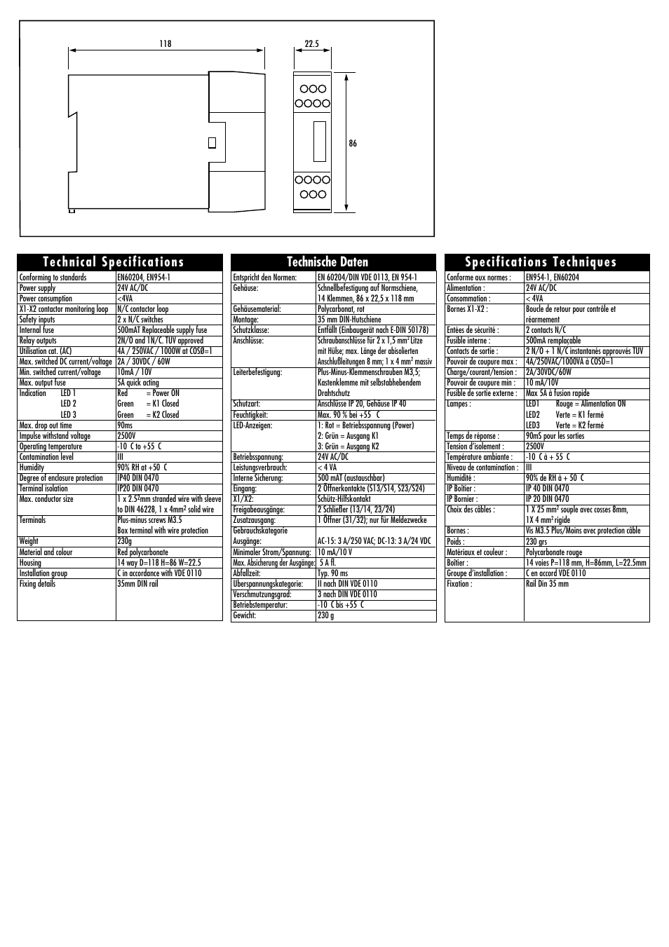 Technical specifications, Specifications techniques, Technische daten | Rockwell Automation 440R MSR14T Minotaur Safety Relay w/Auto Reset User Manual | Page 2 / 4