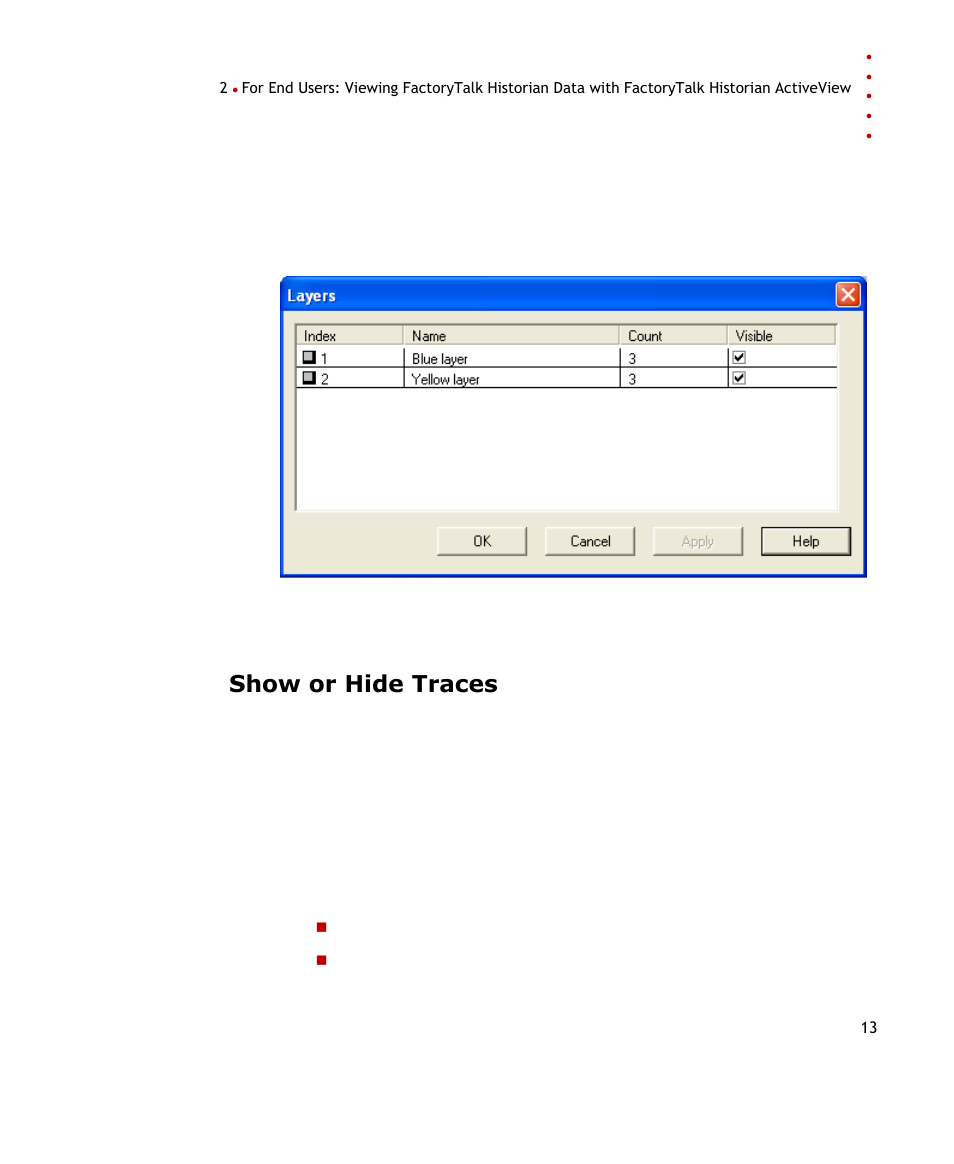 Show or hide traces | Rockwell Automation FactoryTalk Historian SE ActiveView 3.2 User Guide User Manual | Page 21 / 101