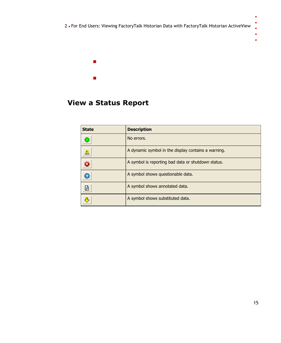 View a status report, E 15) | Rockwell Automation FactoryTalk Historian SE ActiveView 3.2 User Guide User Manual | Page 23 / 101