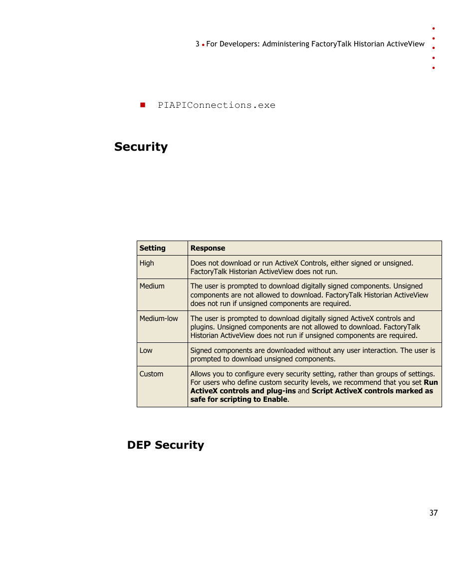 Security, Dep security | Rockwell Automation FactoryTalk Historian SE ActiveView 3.2 User Guide User Manual | Page 45 / 101