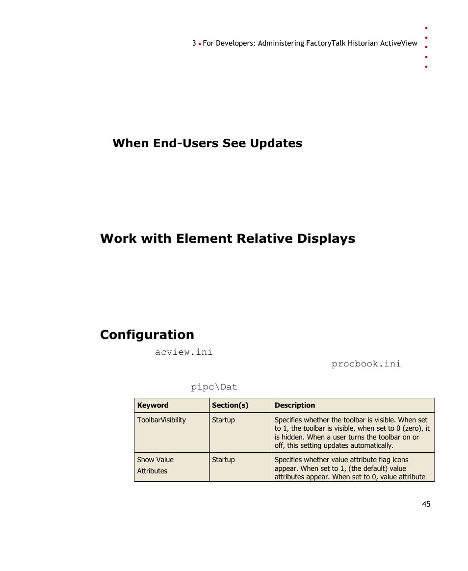 When end-users see updates, Work with element relative displays, Configuration | E 45) | Rockwell Automation FactoryTalk Historian SE ActiveView 3.2 User Guide User Manual | Page 53 / 101