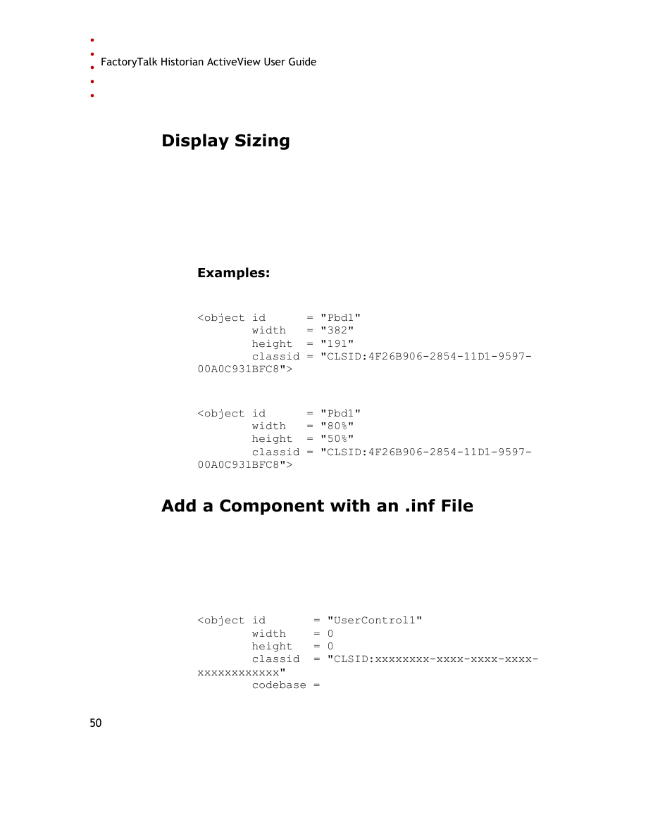 Display sizing, Add a component with an .inf file | Rockwell Automation FactoryTalk Historian SE ActiveView 3.2 User Guide User Manual | Page 58 / 101