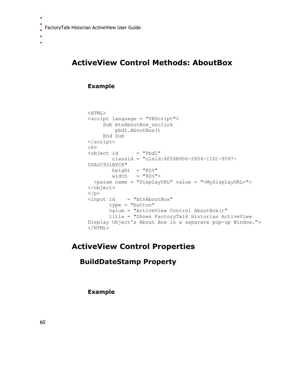 Activeview control methods: aboutbox, Activeview control properties, Builddatestamp property | Rockwell Automation FactoryTalk Historian SE ActiveView 3.2 User Guide User Manual | Page 68 / 101