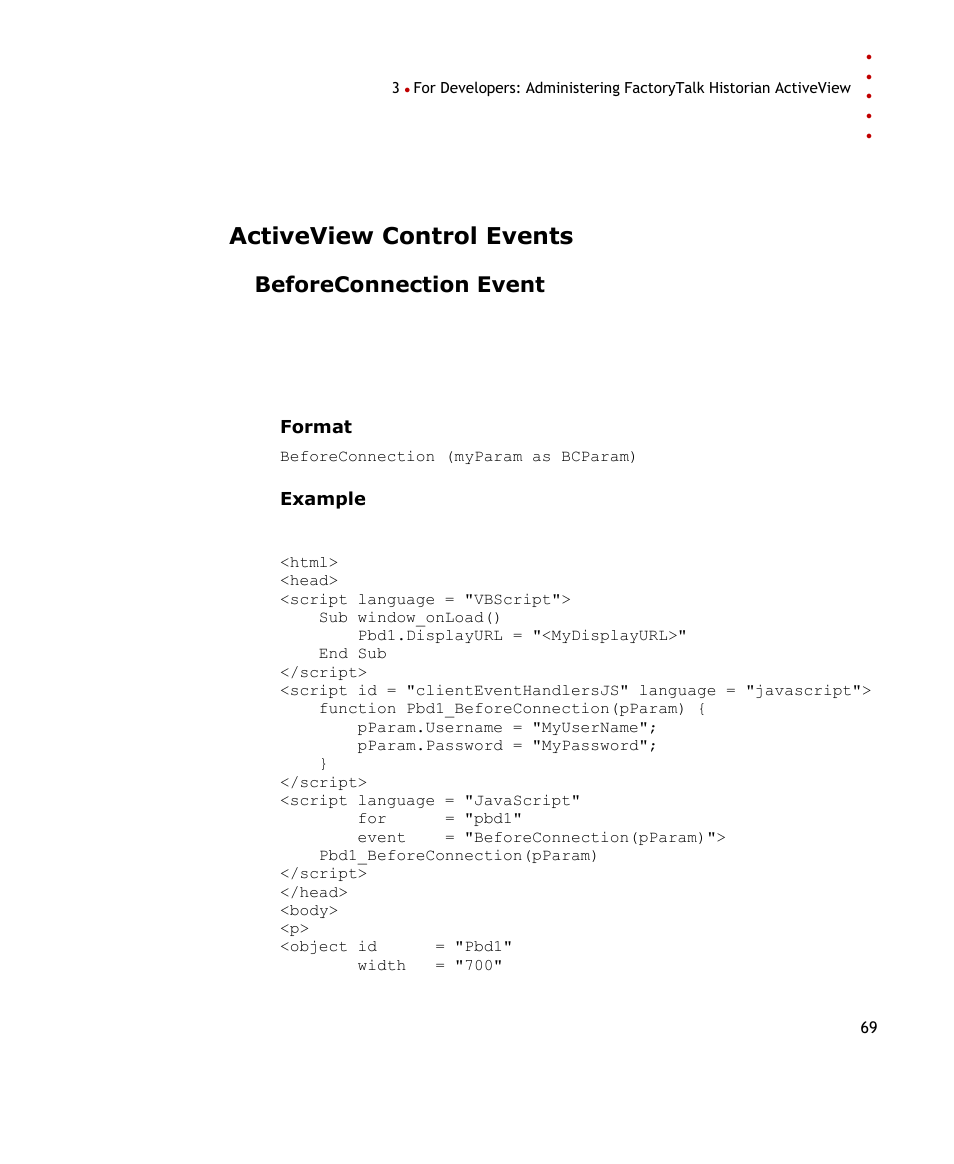 Activeview control events, Beforeconnection event | Rockwell Automation FactoryTalk Historian SE ActiveView 3.2 User Guide User Manual | Page 77 / 101