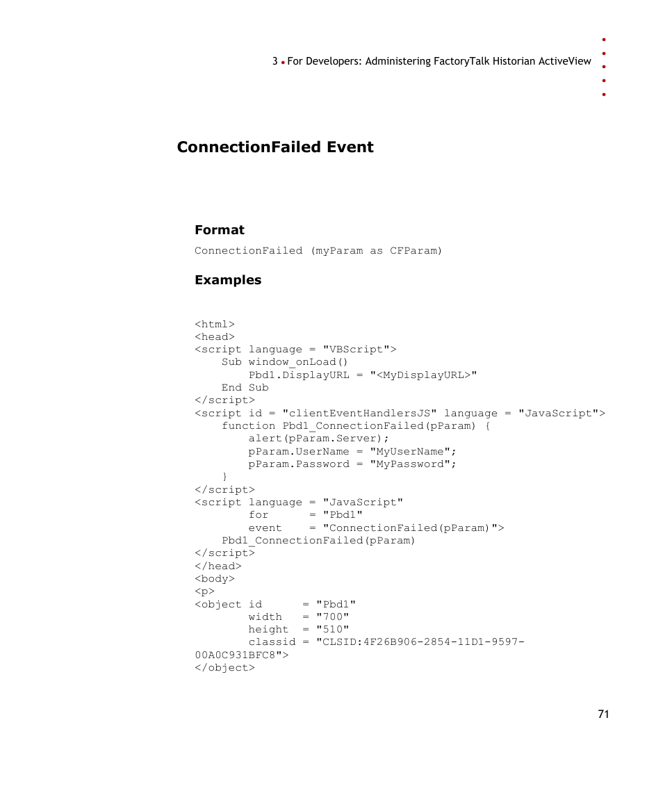 Connectionfailed event | Rockwell Automation FactoryTalk Historian SE ActiveView 3.2 User Guide User Manual | Page 79 / 101