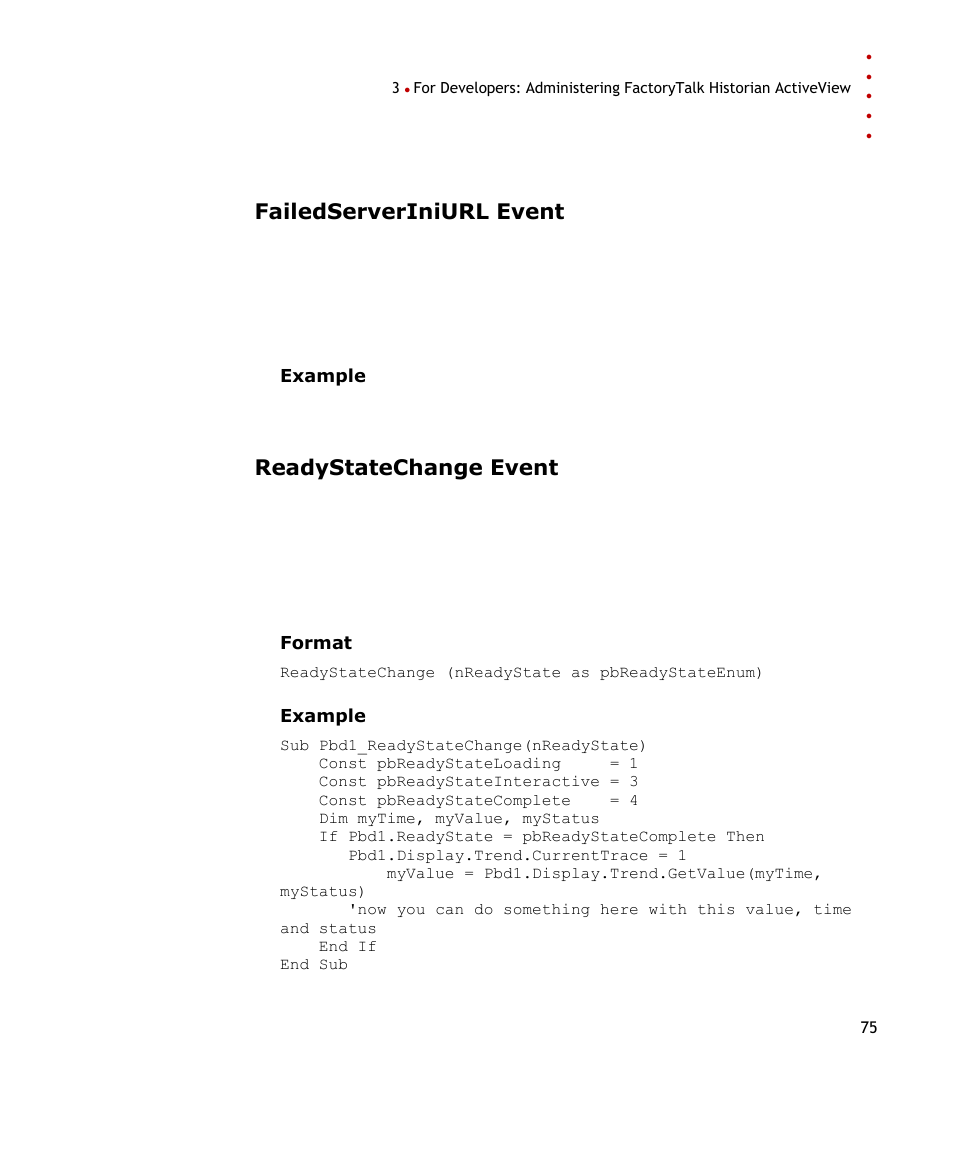 Failedserveriniurl event, Readystatechange event | Rockwell Automation FactoryTalk Historian SE ActiveView 3.2 User Guide User Manual | Page 83 / 101