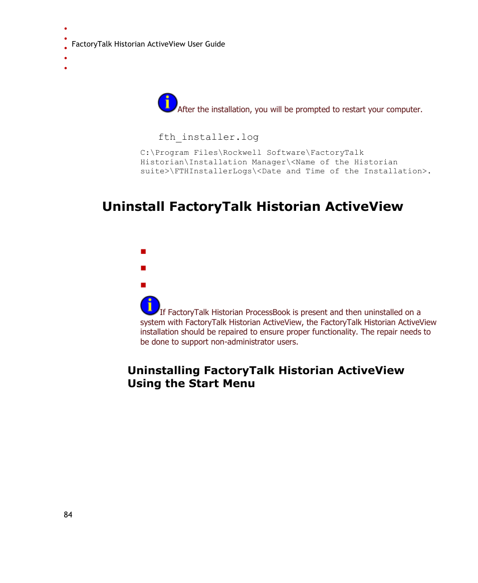 Uninstall factorytalk historian activeview | Rockwell Automation FactoryTalk Historian SE ActiveView 3.2 User Guide User Manual | Page 92 / 101