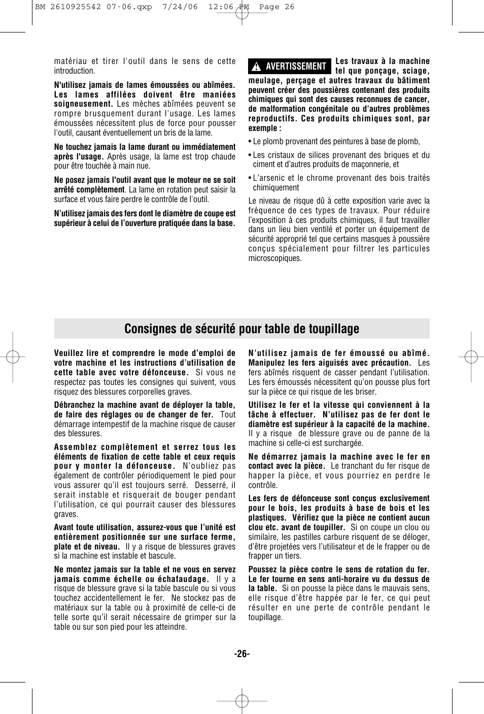Consignes de sécurité pour table de toupillage | Bosch 0 601 617 061 User Manual | Page 26 / 68