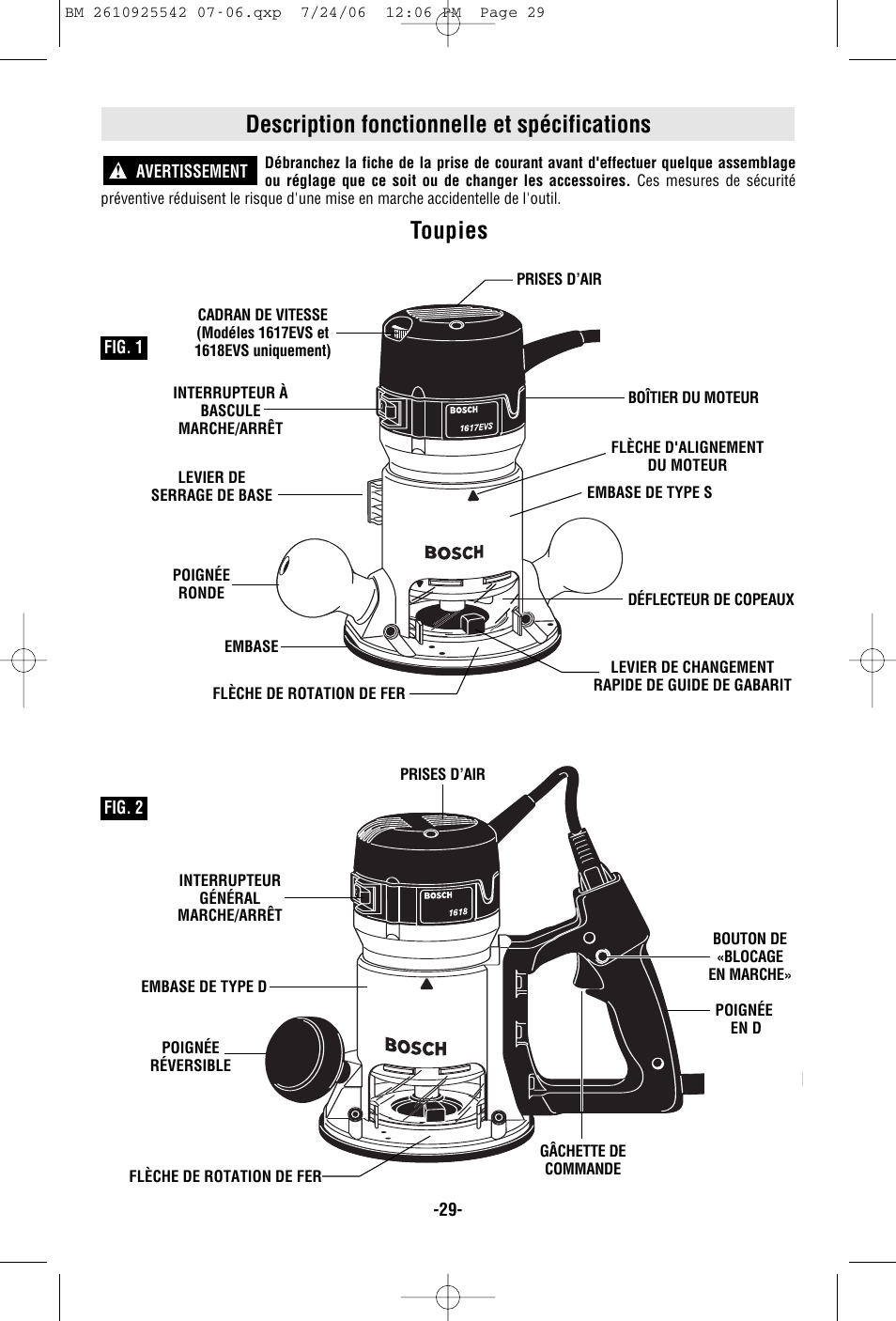 Description fonctionnelle et spécifications, Toupies | Bosch 0 601 617 061 User Manual | Page 29 / 68