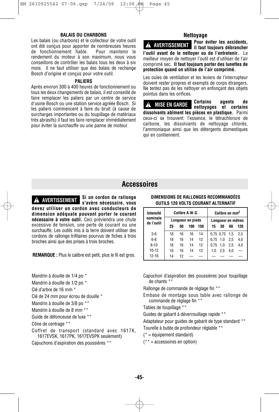 Accessoires, Nettoyage, Mise en garde ! avertissement | Avertissement | Bosch 0 601 617 061 User Manual | Page 45 / 68
