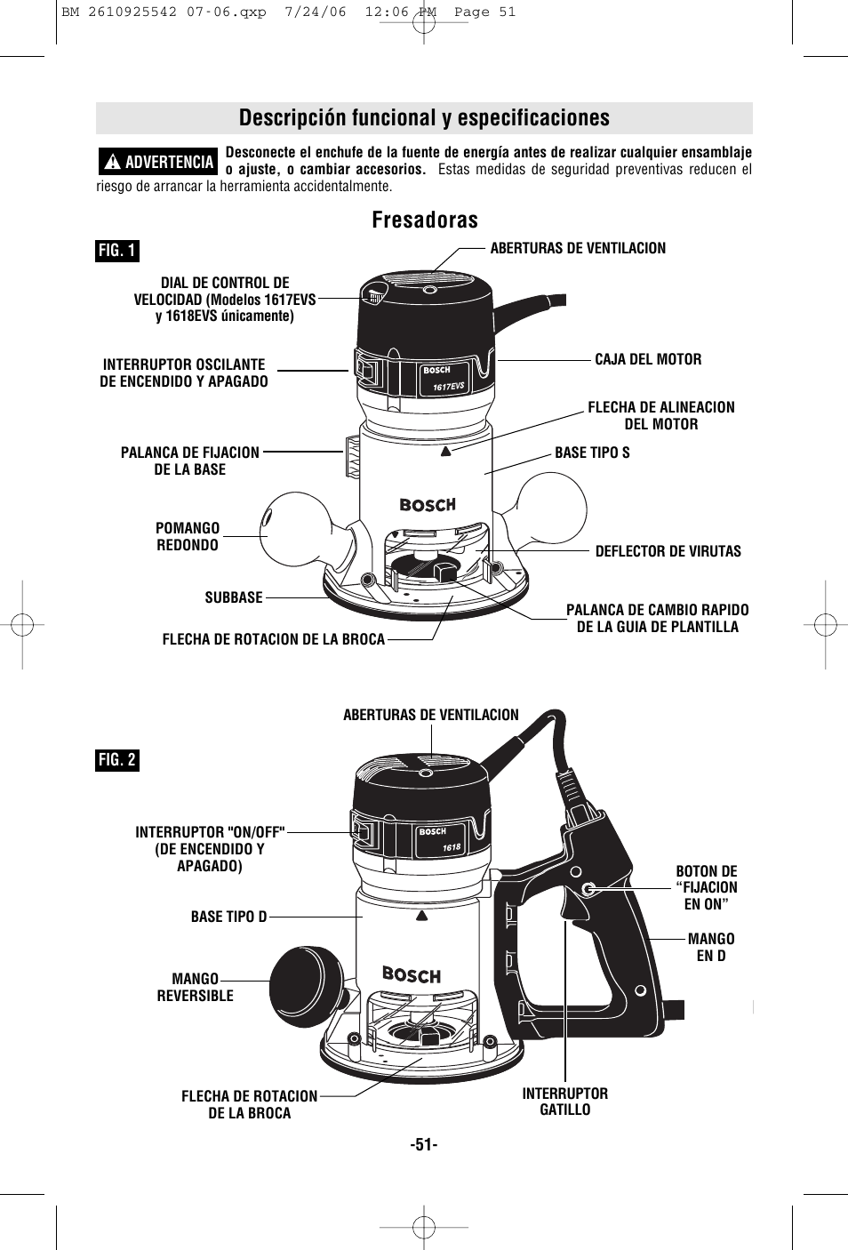 Descripción funcional y especificaciones, Fresadoras | Bosch 0 601 617 061 User Manual | Page 51 / 68
