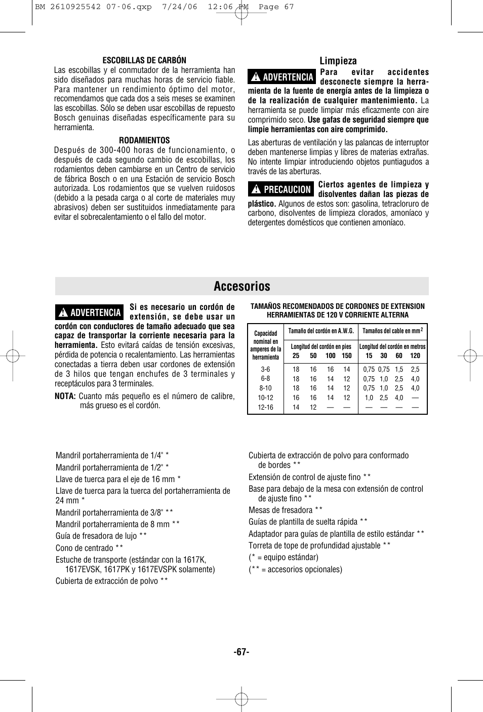 Accesorios, Limpieza, Advertencia ! precaucion | Advertencia | Bosch 0 601 617 061 User Manual | Page 67 / 68