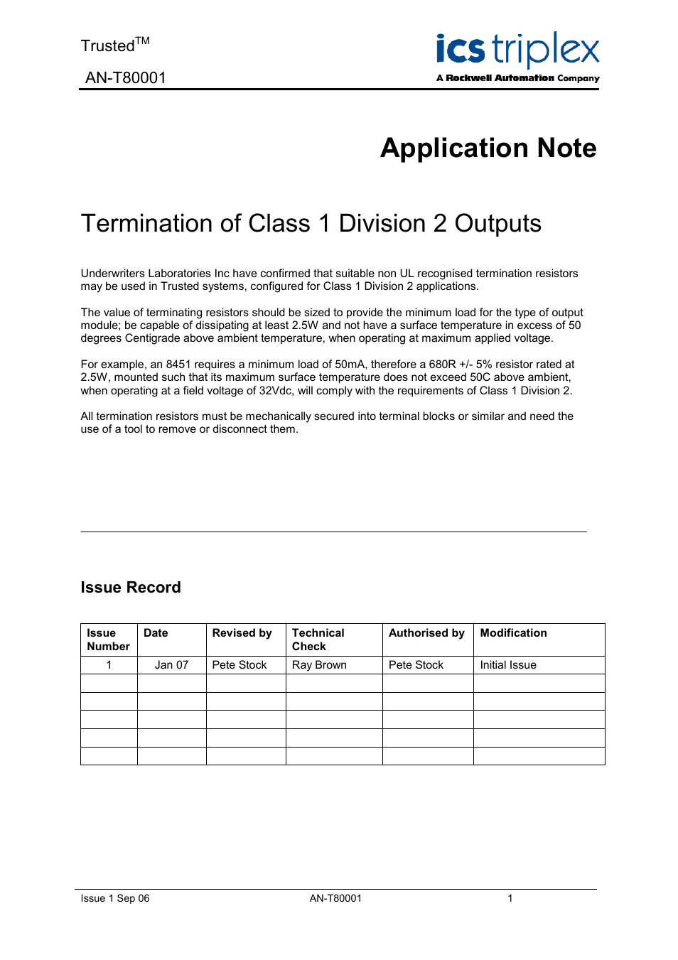 Rockwell Automation T80001 Application Note Termination of Class 1 Division 2 Outputs User Manual | 2 pages