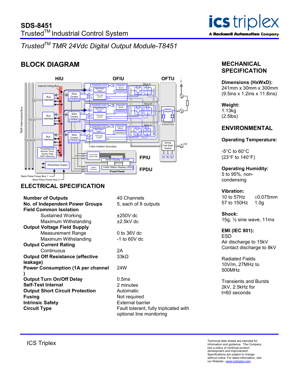 Block diagram, Electrical specification, Sds-8451 trusted | Industrial control system trusted, Ics triplex, Mechanical specification, Environmental, Ofiu hiu fpdu fpiu, Oftu | Rockwell Automation T8451 Trusted Industrial Control System User Manual | Page 2 / 2