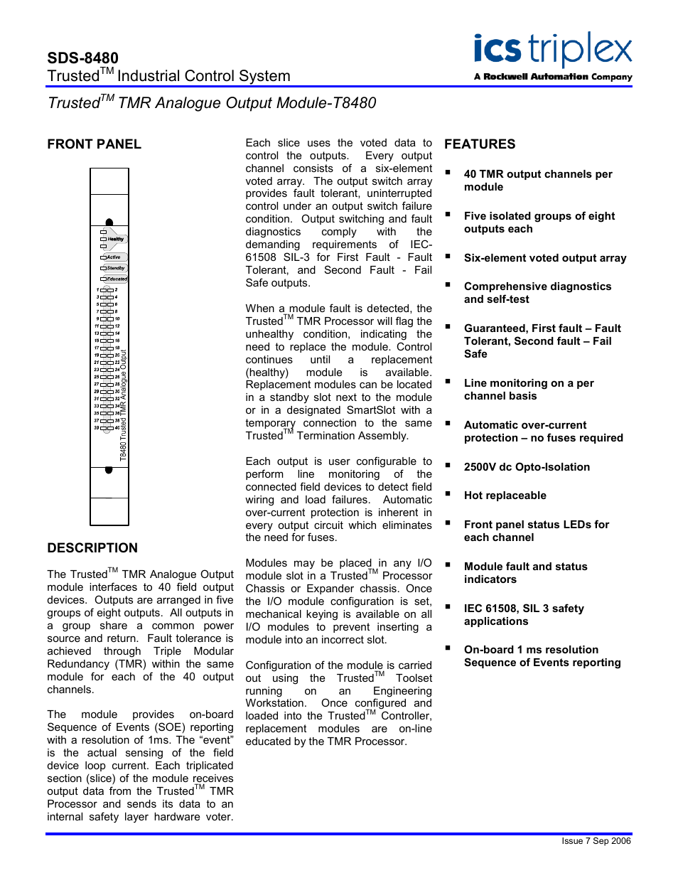 Rockwell Automation T8480 Trusted TMR Analogue Output Module User Manual | 2 pages