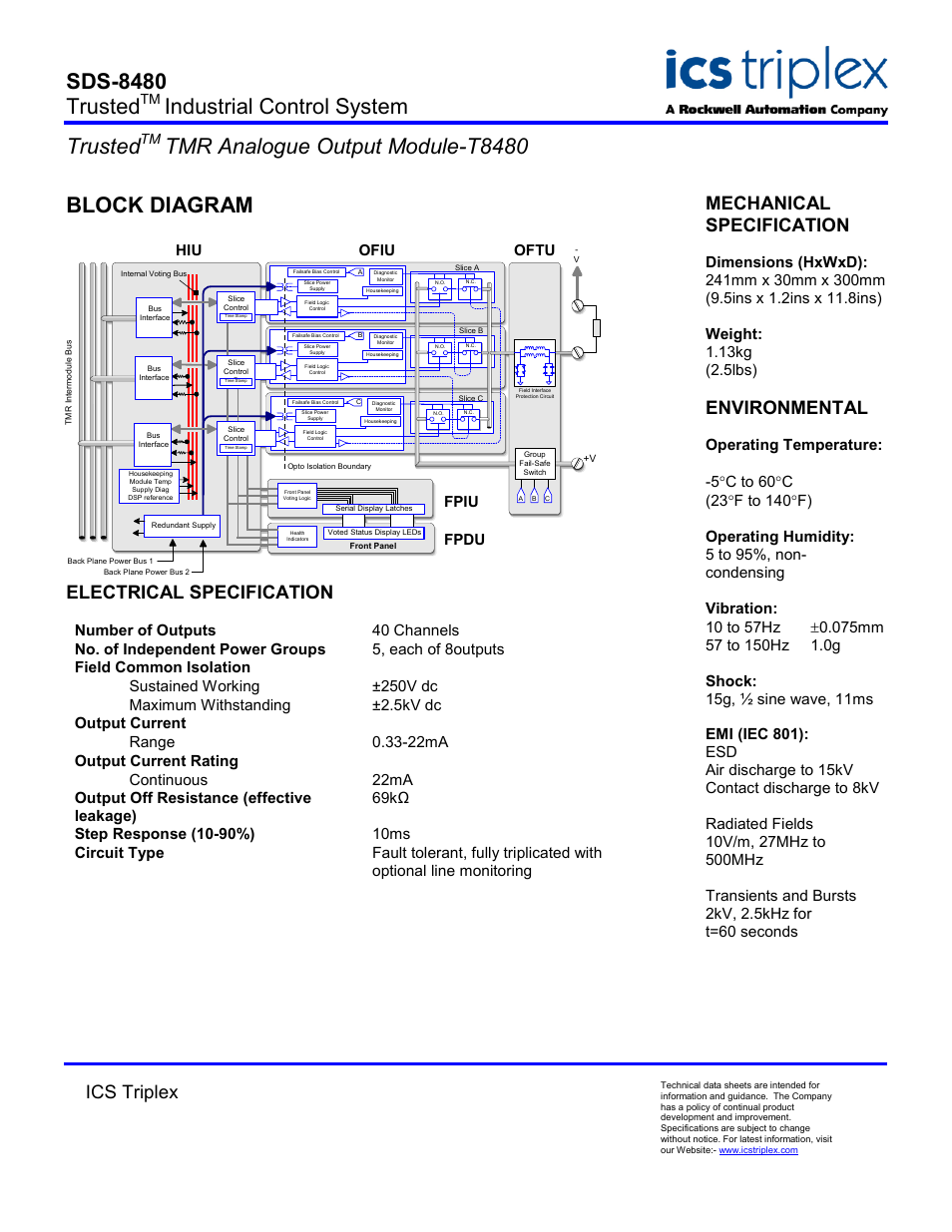 Block diagram, Electrical specification, Sds-8480 trusted | Industrial control system trusted, Tmr analogue output module-t8480, Ics triplex, Mechanical specification, Environmental, Ofiu hiu fpdu fpiu, Oftu | Rockwell Automation T8480 Trusted TMR Analogue Output Module User Manual | Page 2 / 2