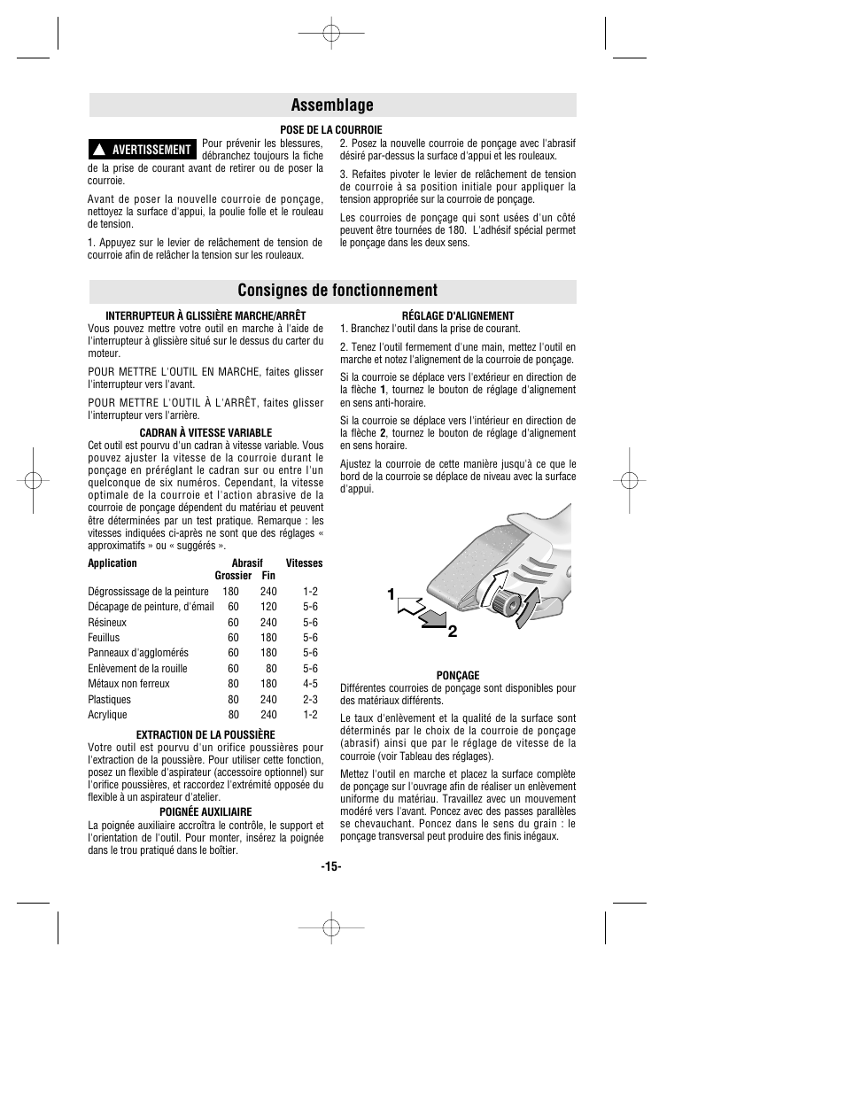 Consignes de fonctionnement, Assemblage 1 2 | Bosch 1278VSK User Manual | Page 15 / 28