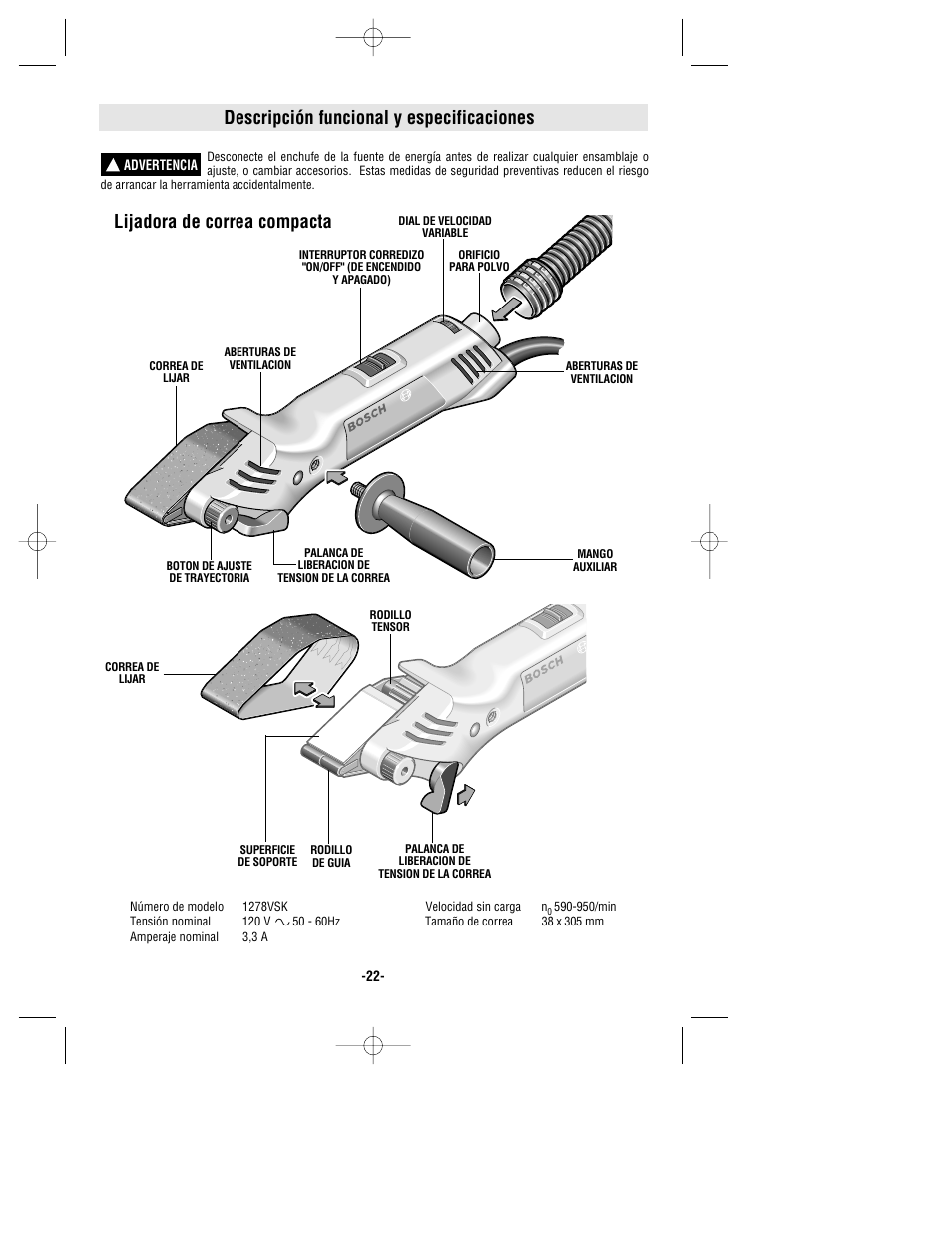 Descripción funcional y especificaciones, Lijadora de correa compacta | Bosch 1278VSK User Manual | Page 22 / 28