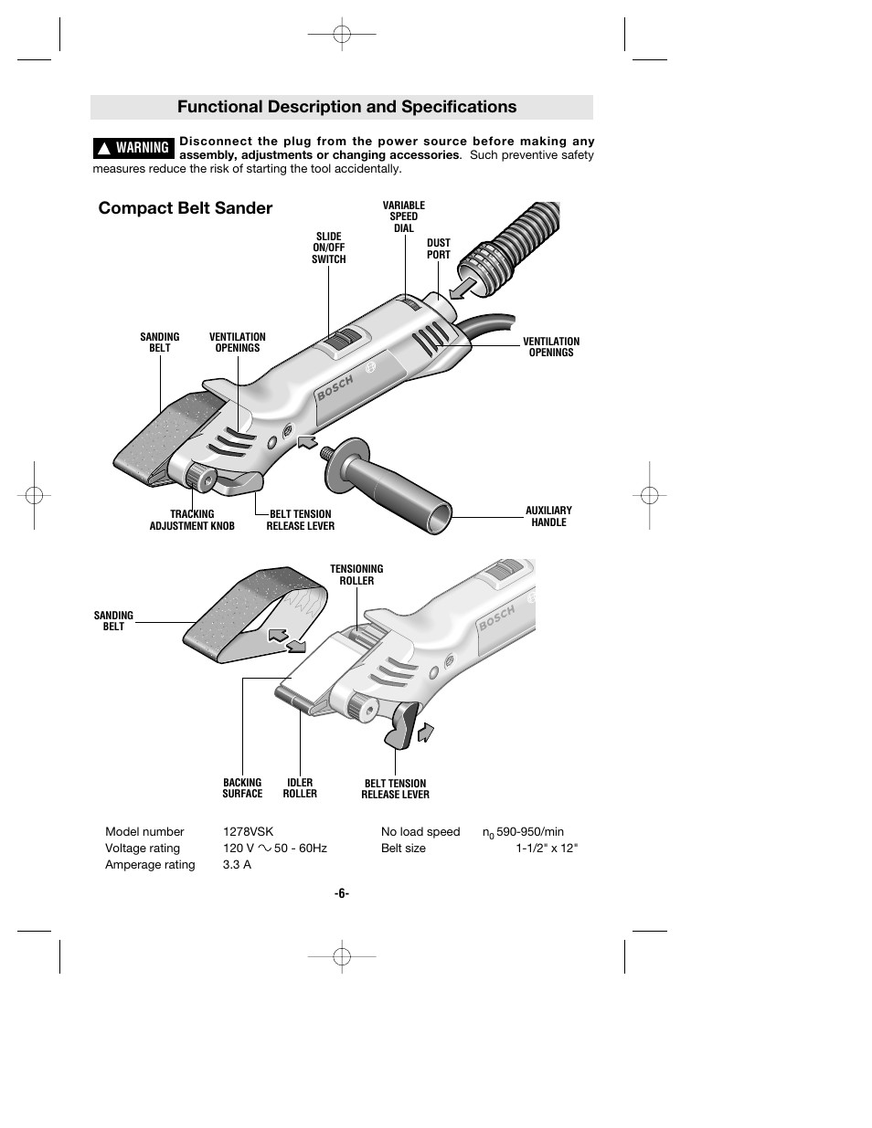 Functional description and specifications, Compact belt sander | Bosch 1278VSK User Manual | Page 6 / 28
