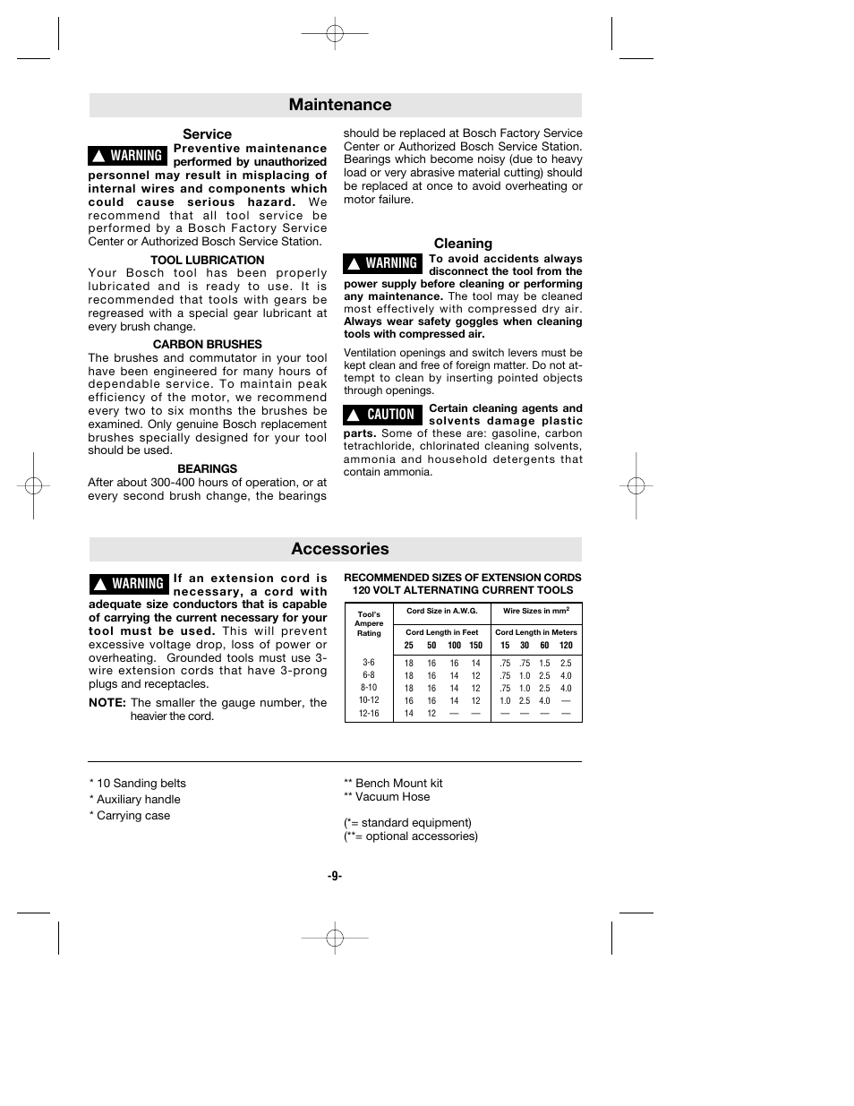 Maintenance accessories, Service, Cleaning | Warning, Caution | Bosch 1278VSK User Manual | Page 9 / 28