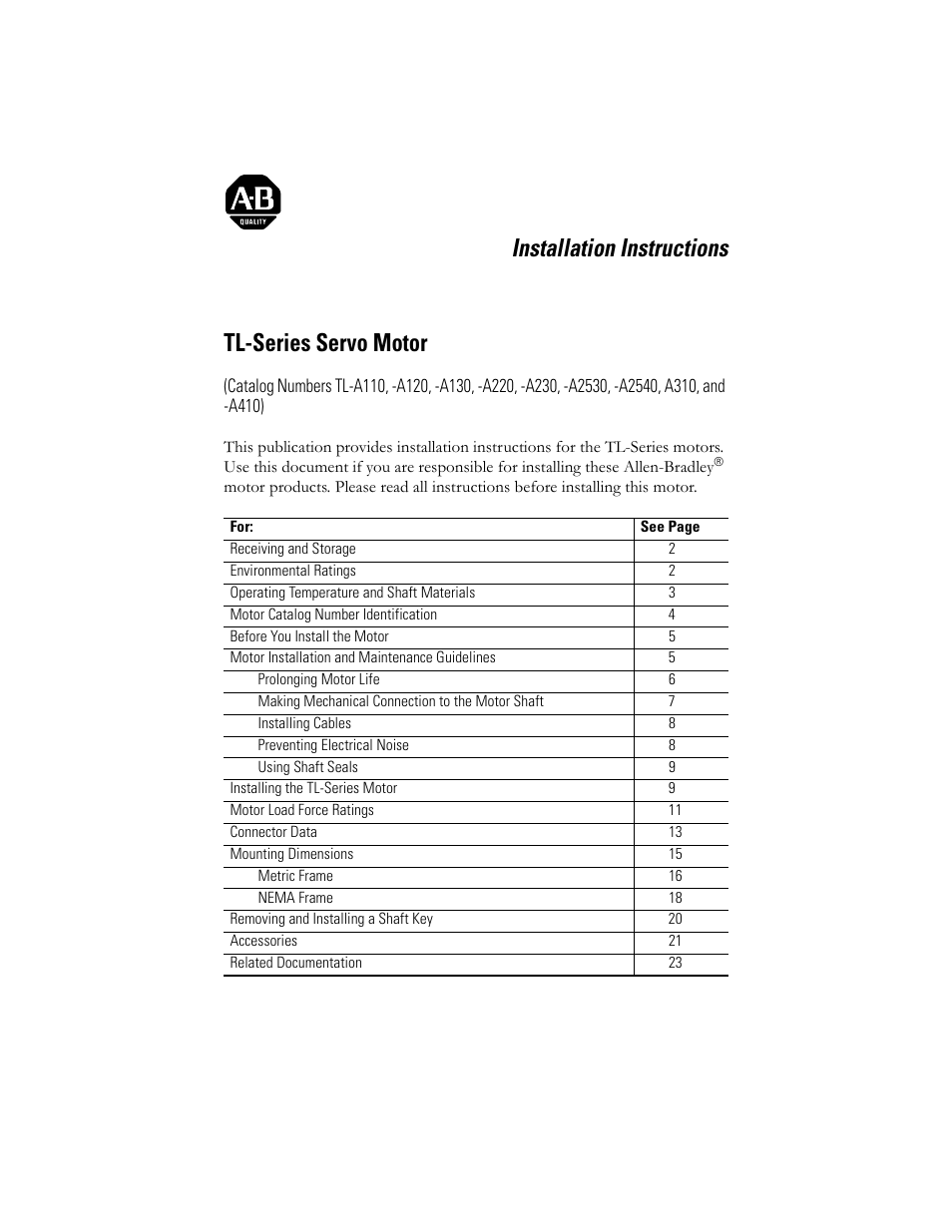 Rockwell Automation TL-Series Servo Motor  User Manual | 24 pages