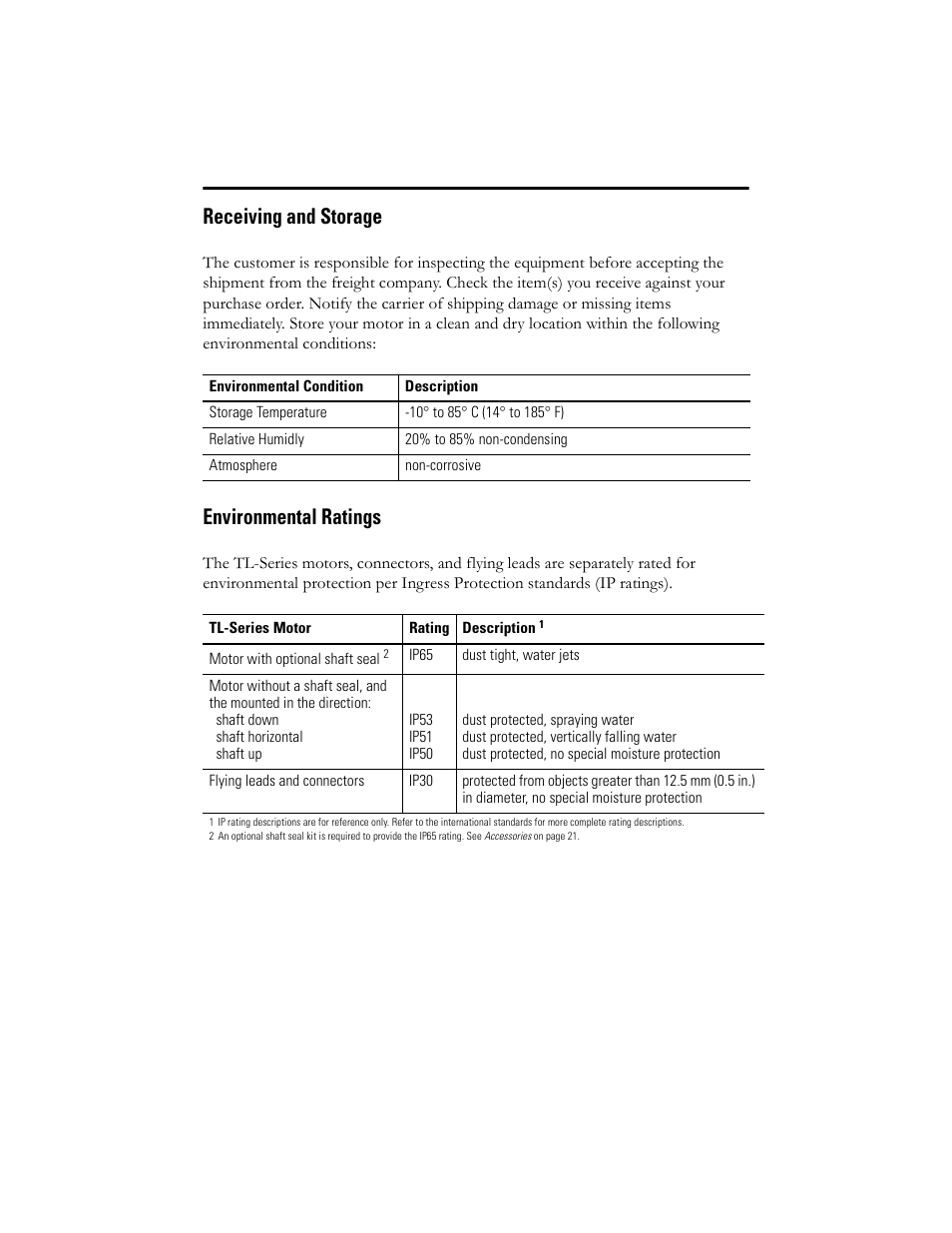 Receiving and storage, Environmental ratings | Rockwell Automation TL-Series Servo Motor  User Manual | Page 2 / 24