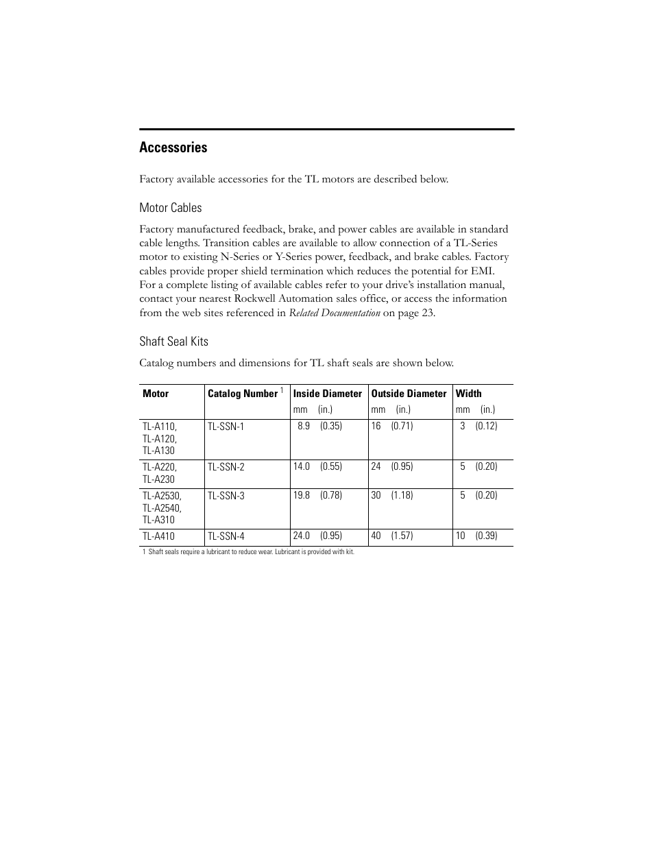 Accessories, Motor cables, Shaft seal kits | Accessories 21 | Rockwell Automation TL-Series Servo Motor  User Manual | Page 21 / 24