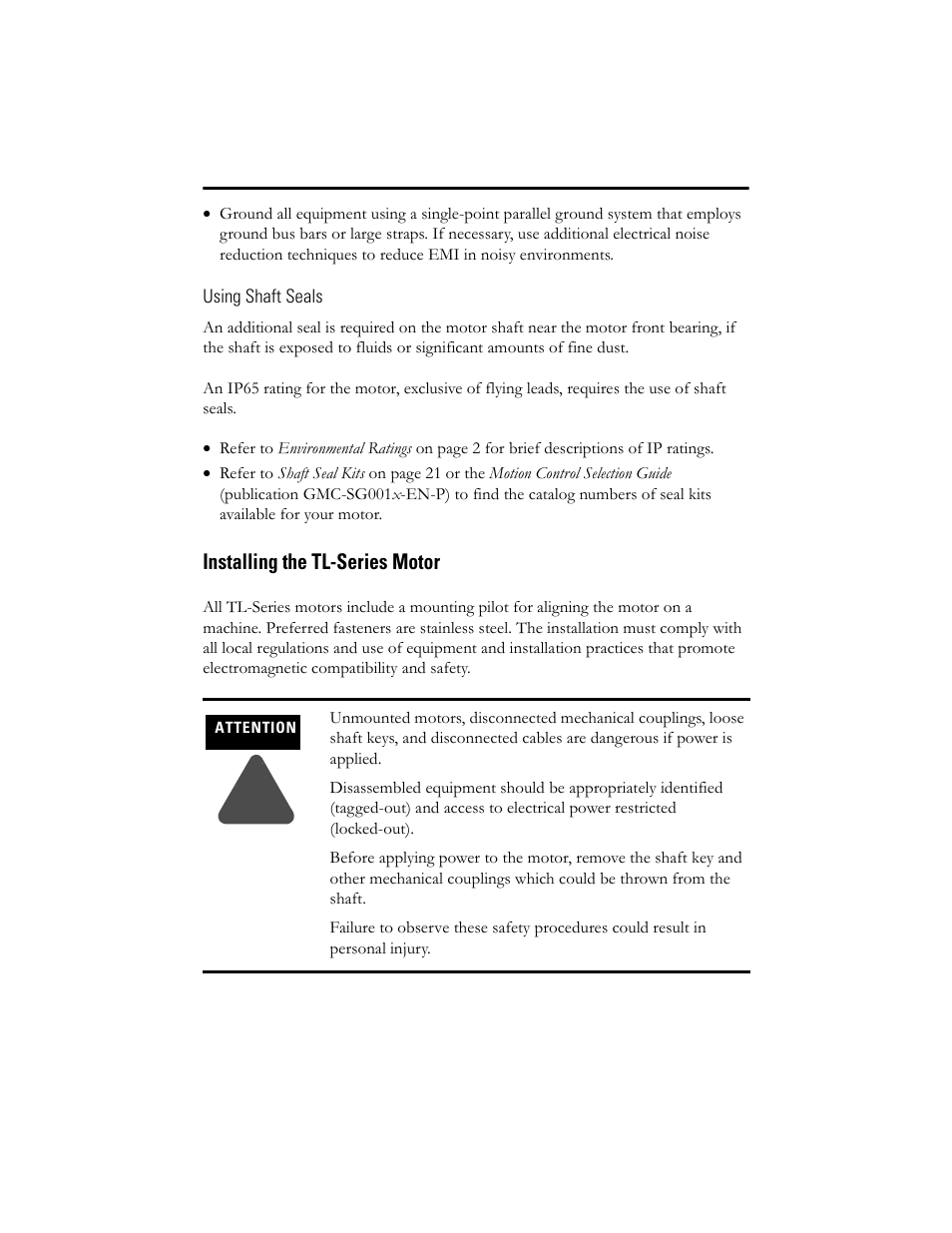 Using shaft seals, Installing the tl-series motor | Rockwell Automation TL-Series Servo Motor  User Manual | Page 9 / 24