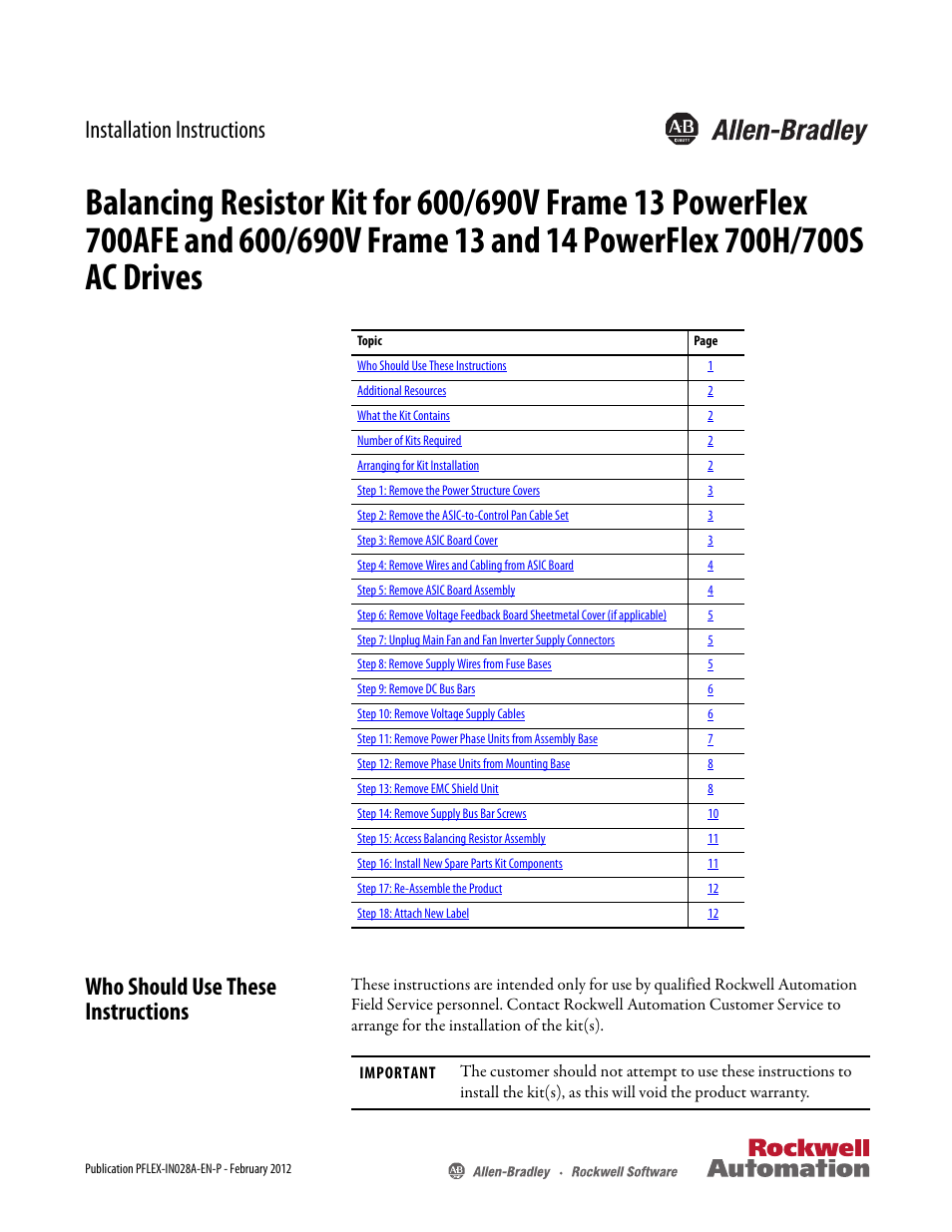 Rockwell Automation 20D Balancing Resistor Kit - 690V Fr 13 PowerFlex 700AFE & Fr 13/14 PowerFlex 700H/S User Manual | 12 pages