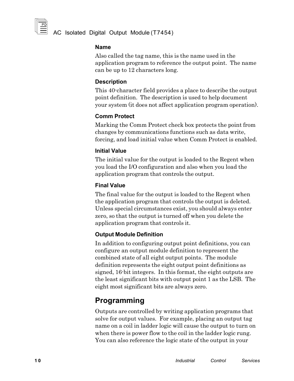 Programming | Rockwell Automation T7454 ICS Regent+Plus AC Isolated Digital Output Module User Manual | Page 10 / 13