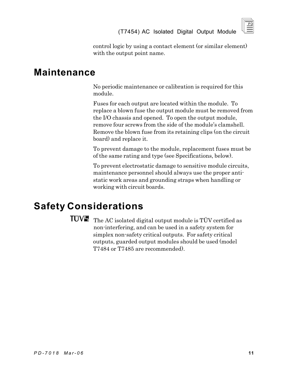 Maintenance, Safety considerations | Rockwell Automation T7454 ICS Regent+Plus AC Isolated Digital Output Module User Manual | Page 11 / 13