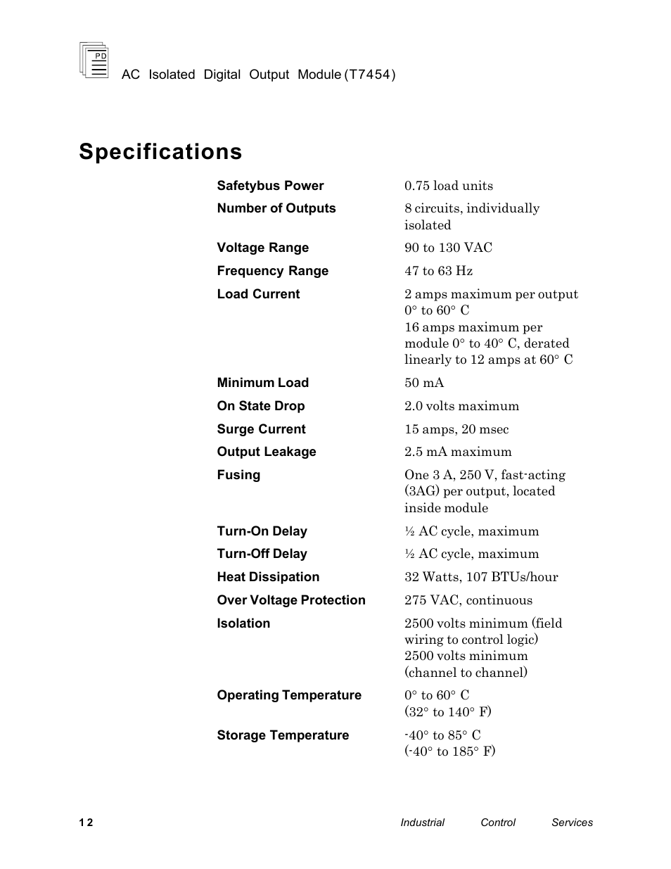 Specifications | Rockwell Automation T7454 ICS Regent+Plus AC Isolated Digital Output Module User Manual | Page 12 / 13
