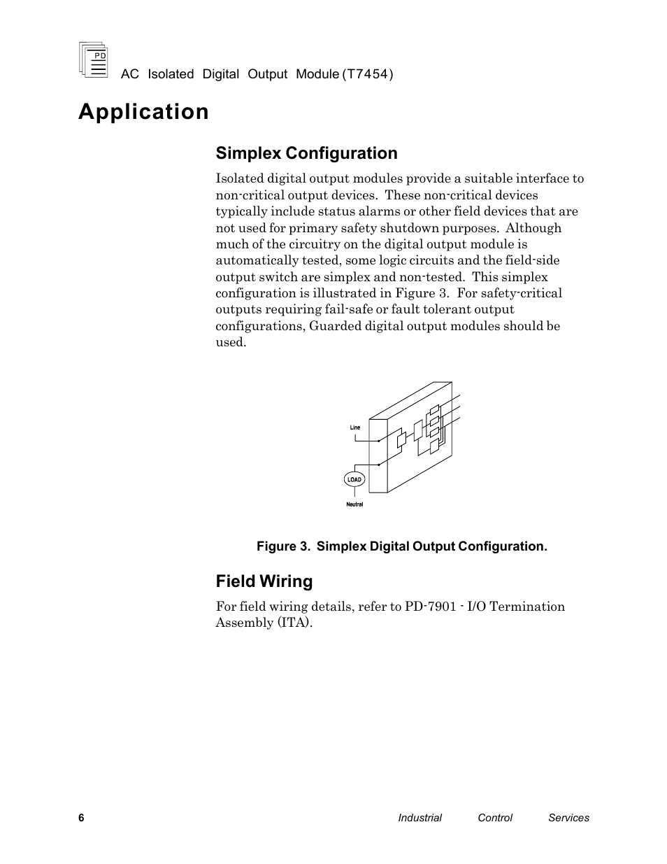 Application, Simplex configuration, Field wiring | Rockwell Automation T7454 ICS Regent+Plus AC Isolated Digital Output Module User Manual | Page 6 / 13
