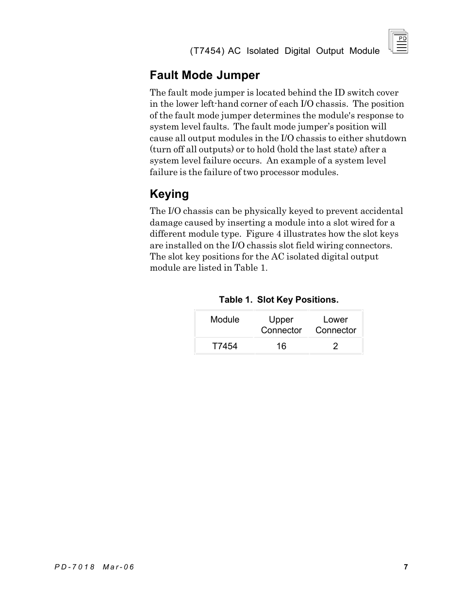 Fault mode jumper, Keying | Rockwell Automation T7454 ICS Regent+Plus AC Isolated Digital Output Module User Manual | Page 7 / 13
