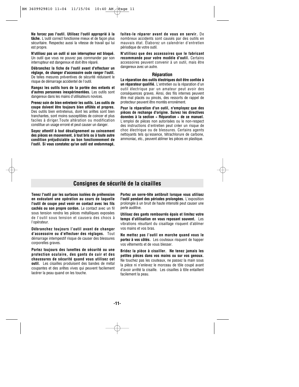 Consignes de sécurité de la cisailles | Bosch 1521 User Manual | Page 11 / 28