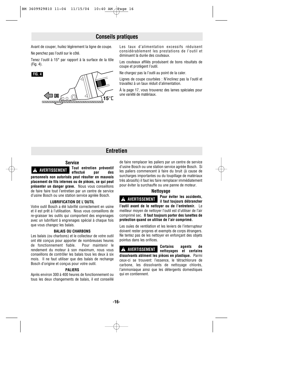 Entretien, Conseils pratiques | Bosch 1521 User Manual | Page 16 / 28